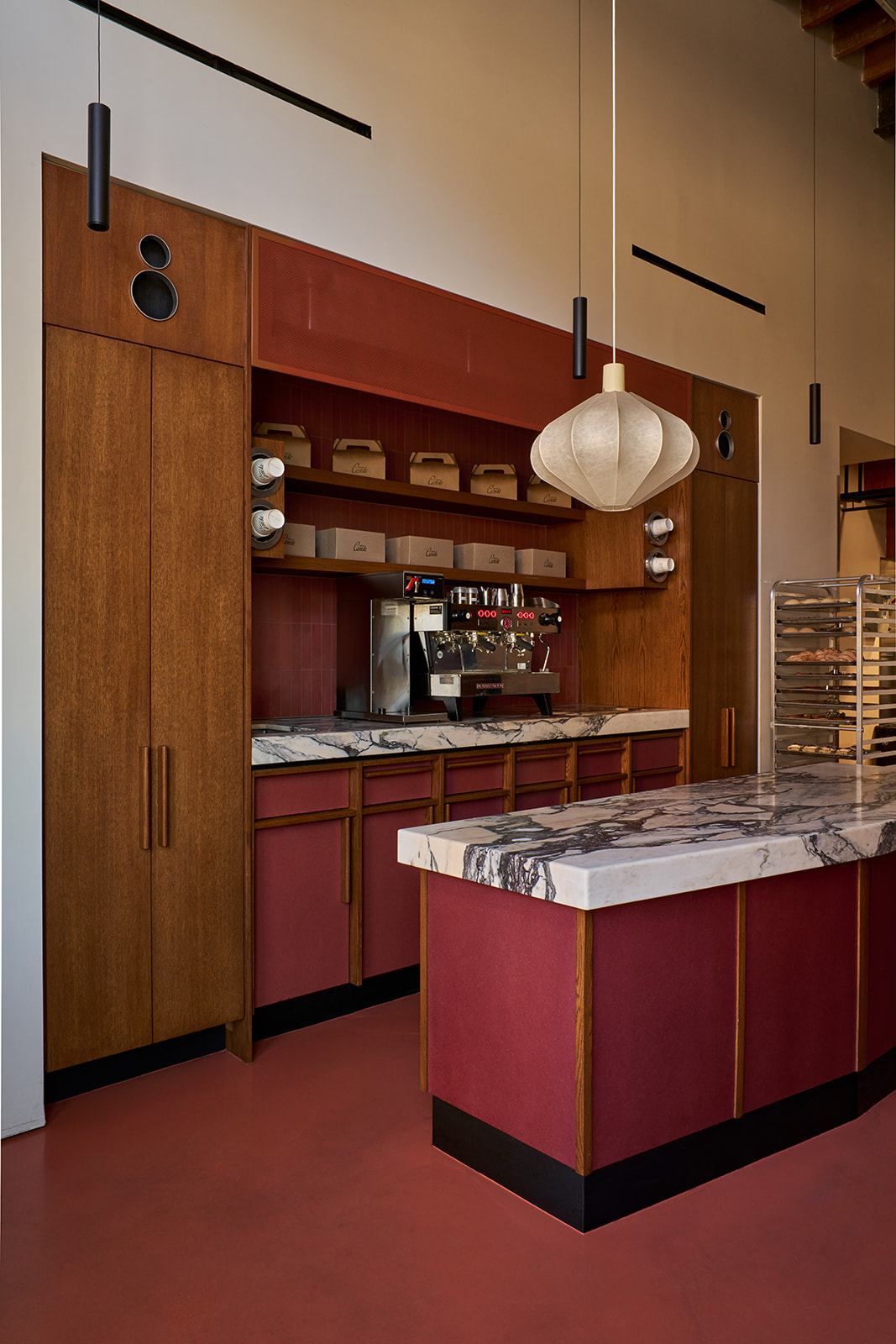 The coffee bar with its marble counter