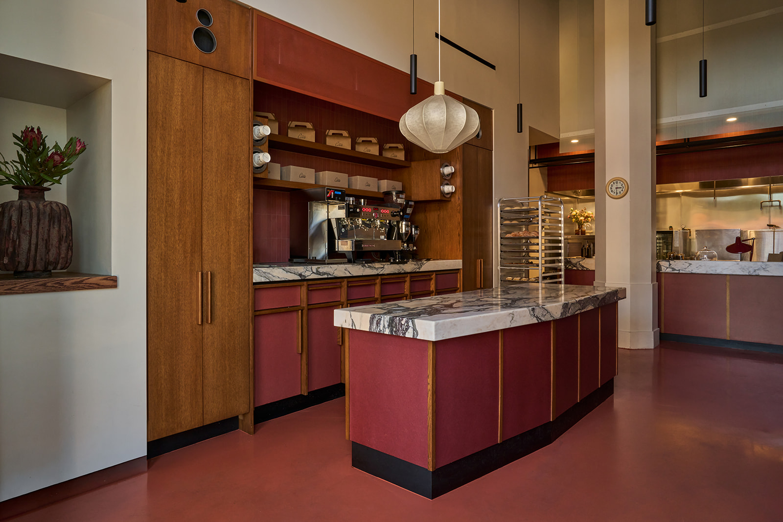 The marble counter at Santa Canela, seen down the room